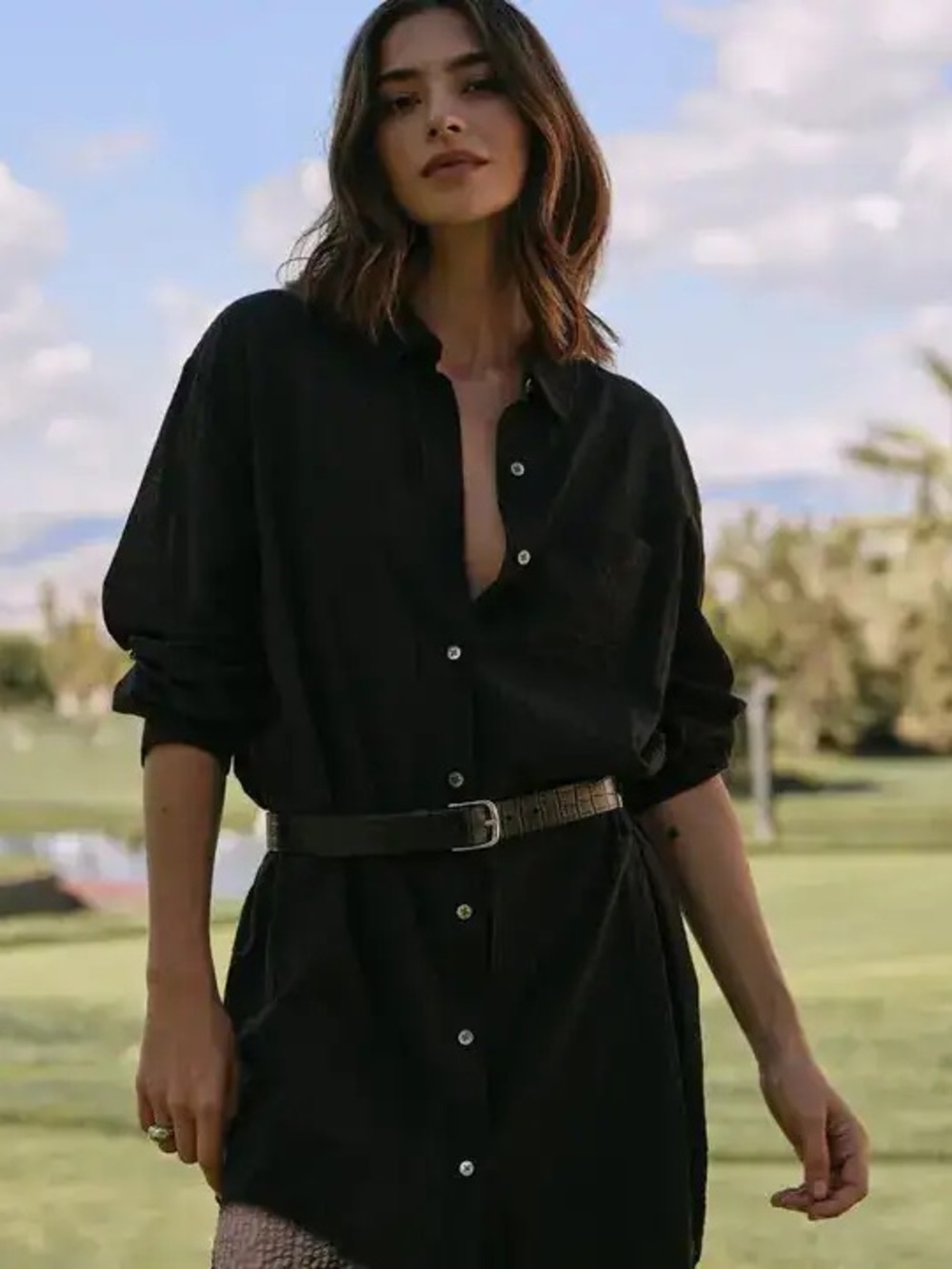 Jenni Kayne Beach Shirt Oversized Button Up Cotton Blend Black Textured Small